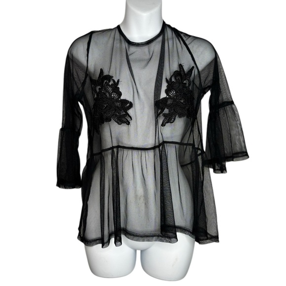 unbranded Tops - Dark Romantic Whimsigoth Sheer Floral Bell Sleeve Black Blouse